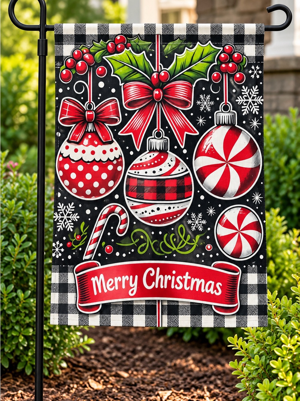 NWT Merry Christmas Garden Flag Buffalo Plaid Ornaments Holiday Yard Decor
